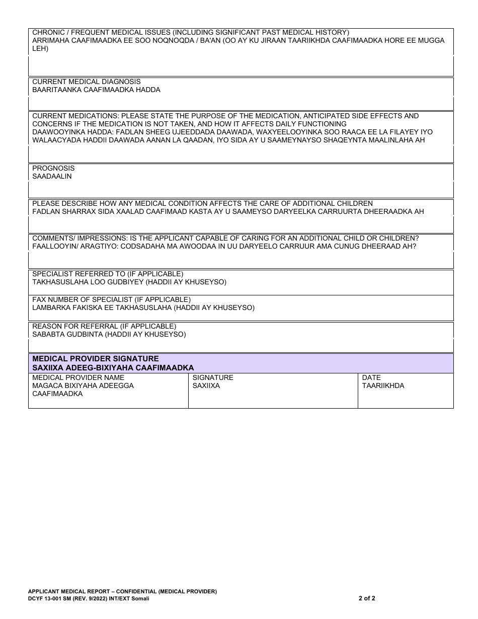 DCYF Form 13-001 Applicant Medical Report - Confidential - Washington (English / Somali), Page 2