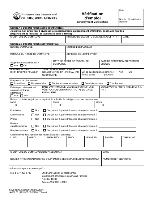 DCYF Form 14-252 Employment Verification - Washington (French)