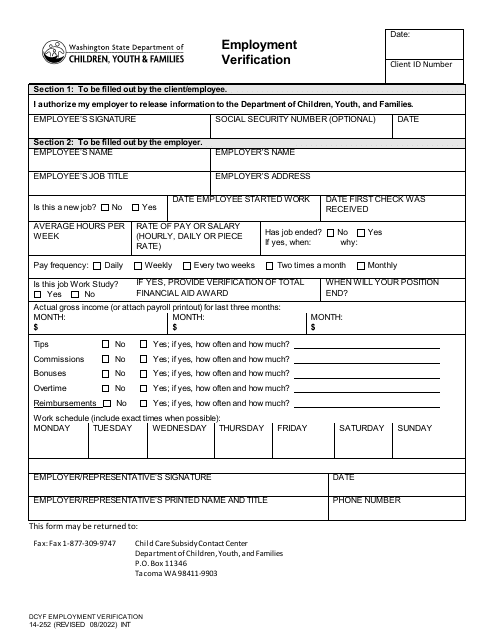 DCYF Form 14-252  Printable Pdf