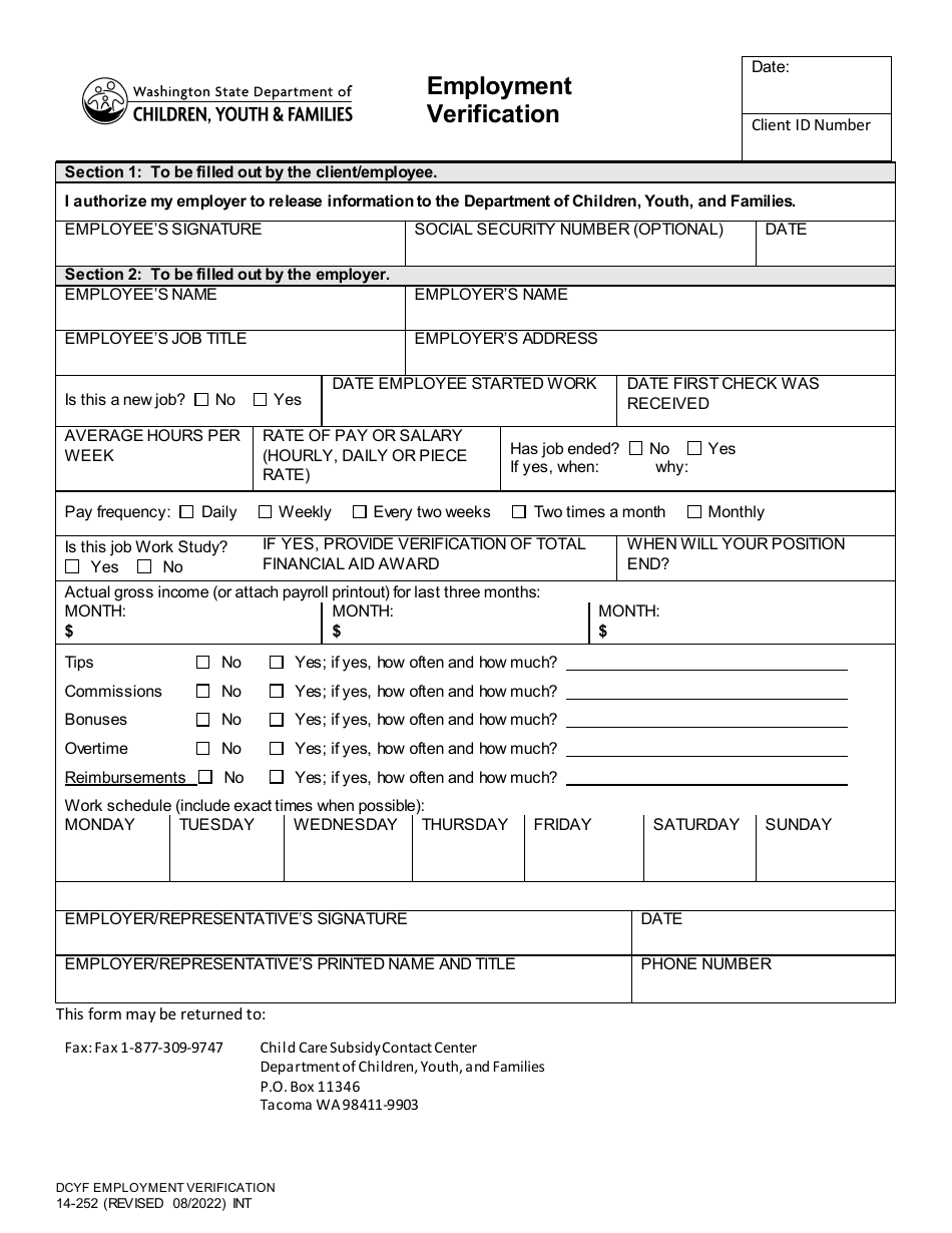 DCYF Form 14-252 Employment Verification - Washington, Page 1
