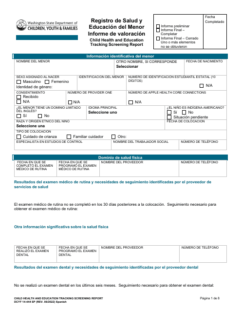 DCYF Formulario 14-444 Registro De Salud Y Educacion Del Menor Informe De Valoracion - Washington (Spanish)