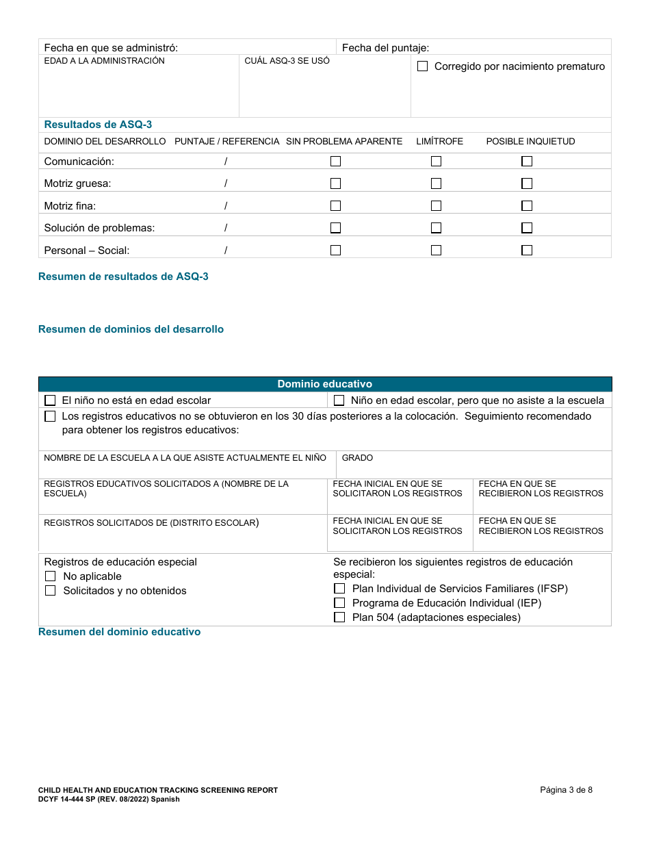 DCYF Formulario 14-444 Registro De Salud Y Educacion Del Menor Informe De Valoracion - Washington (Spanish), Page 3