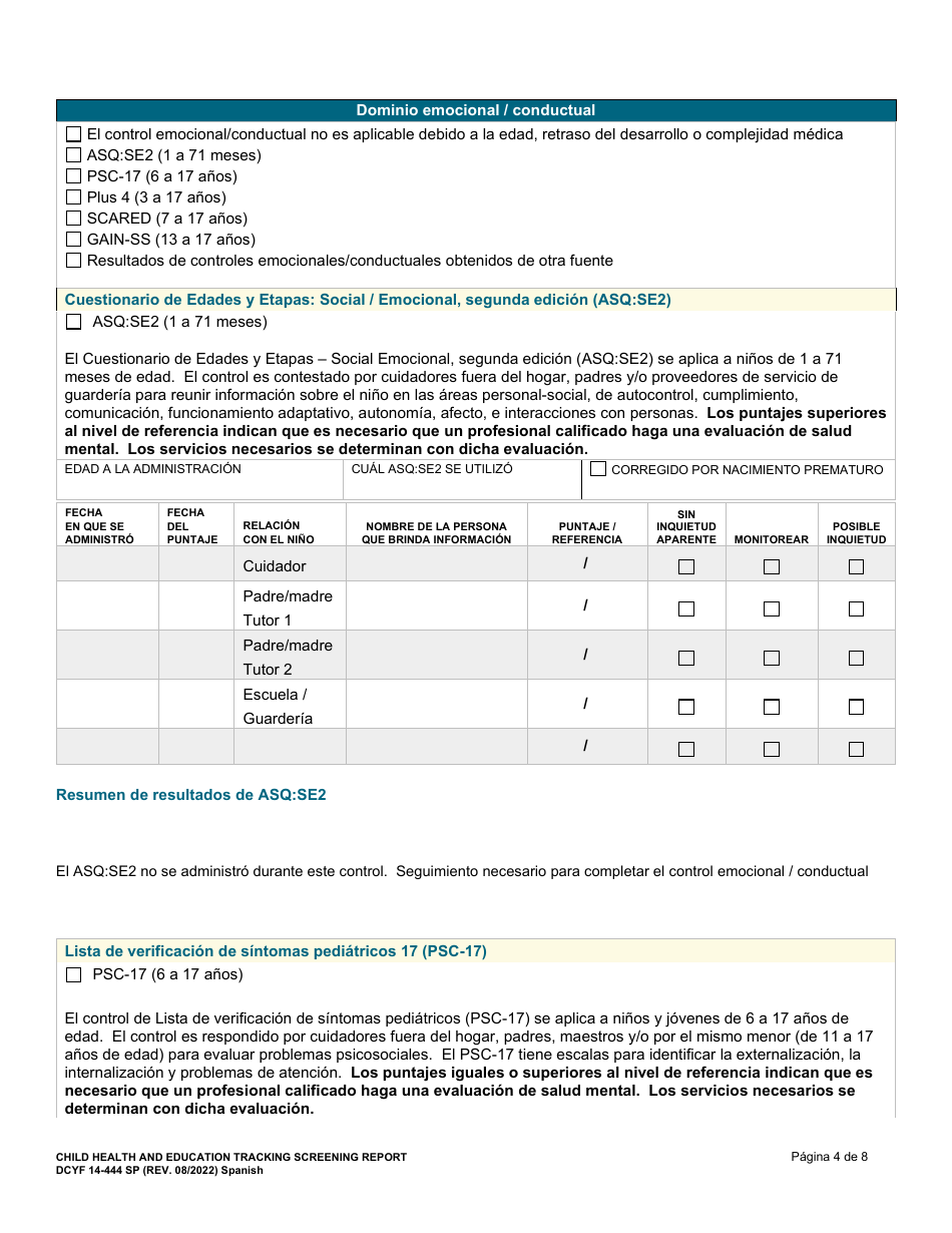 DCYF Formulario 14-444 Registro De Salud Y Educacion Del Menor Informe De Valoracion - Washington (Spanish), Page 4