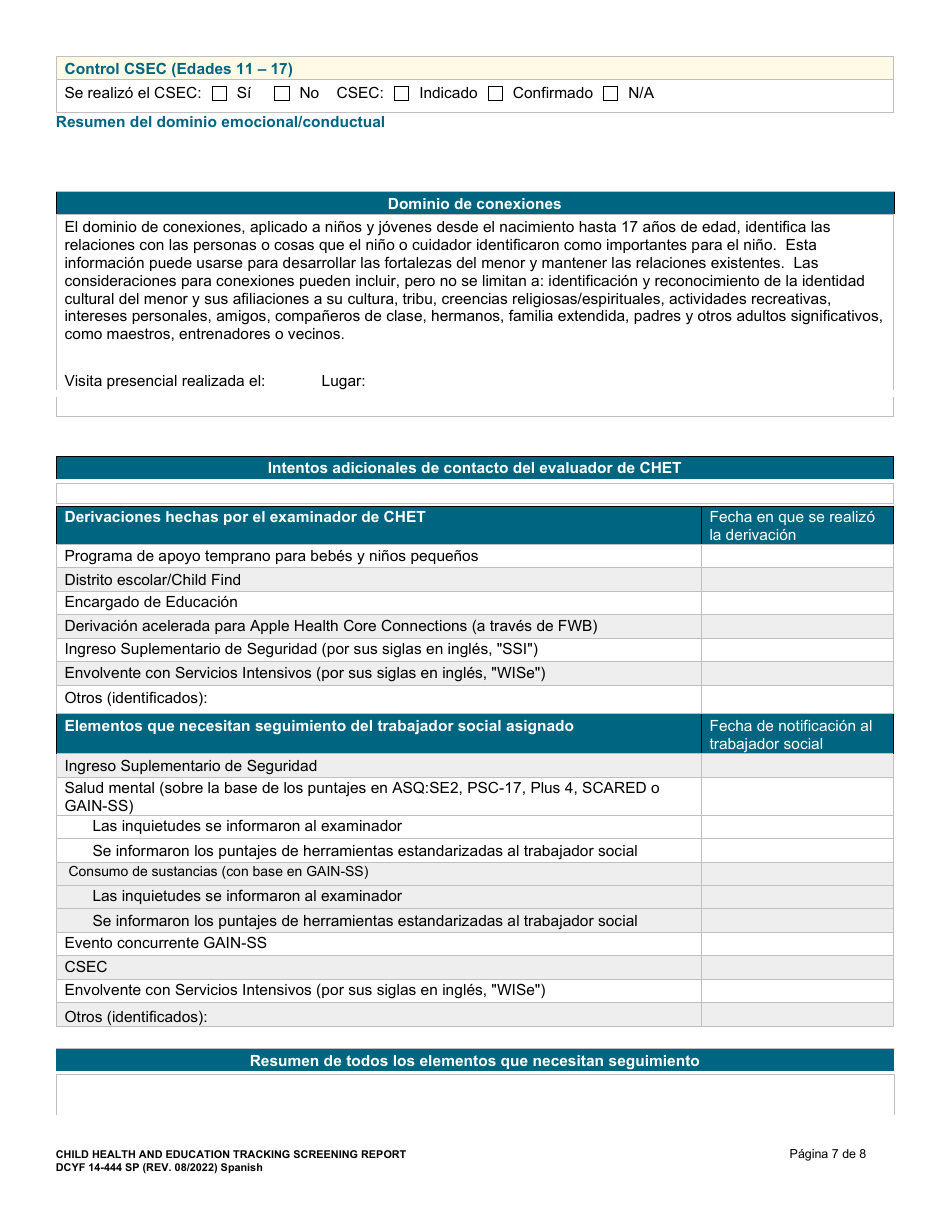 DCYF Formulario 14-444 Registro De Salud Y Educacion Del Menor Informe De Valoracion - Washington (Spanish), Page 7