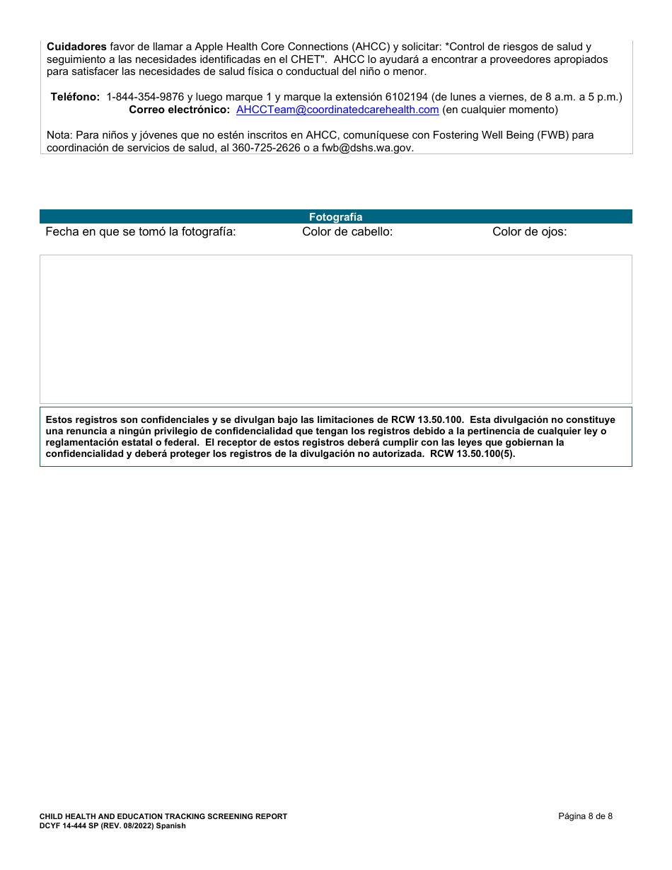 DCYF Formulario 14-444 Registro De Salud Y Educacion Del Menor Informe De Valoracion - Washington (Spanish), Page 8