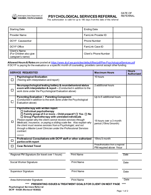DCYF Form 15-028 Psychological Services Referral - Washington