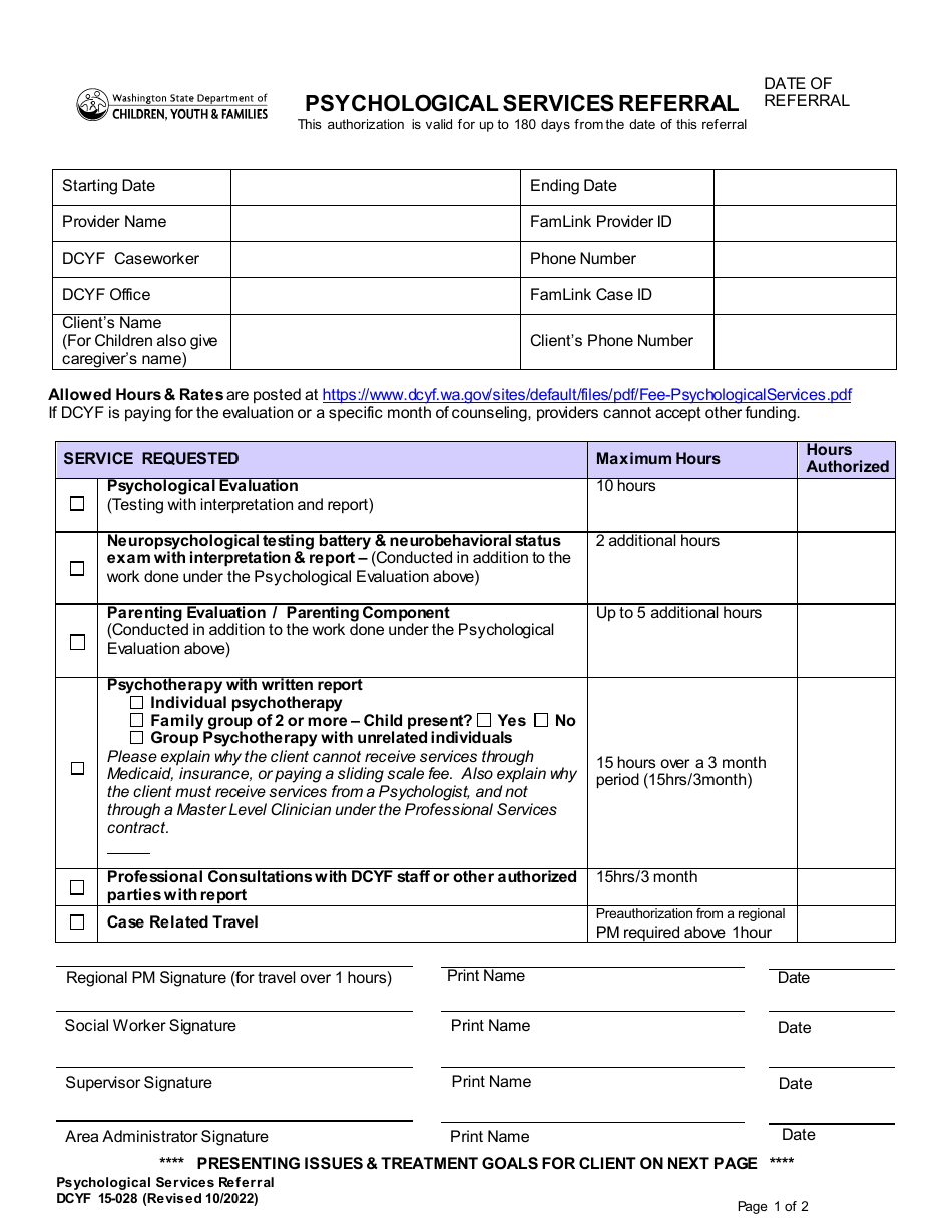 DCYF Form 15-028 Psychological Services Referral - Washington, Page 1