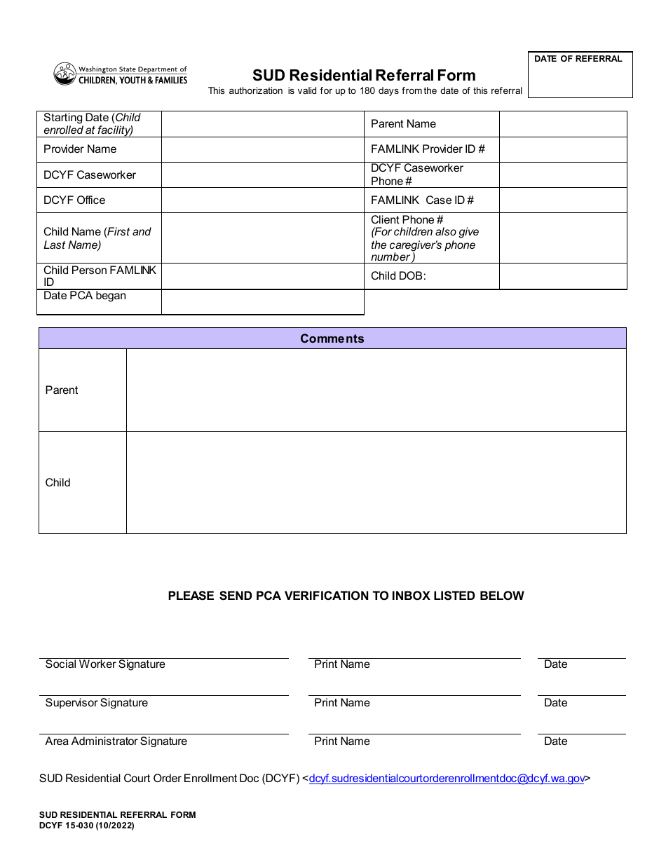 DCYF Form 15-030 Sud Residential Referral Form - Washington, Page 1