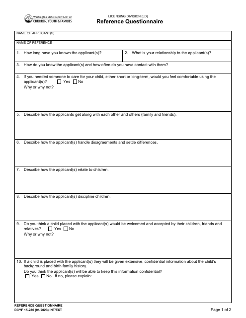 DCYF Form 15-286 Reference Questionnaire - Washington