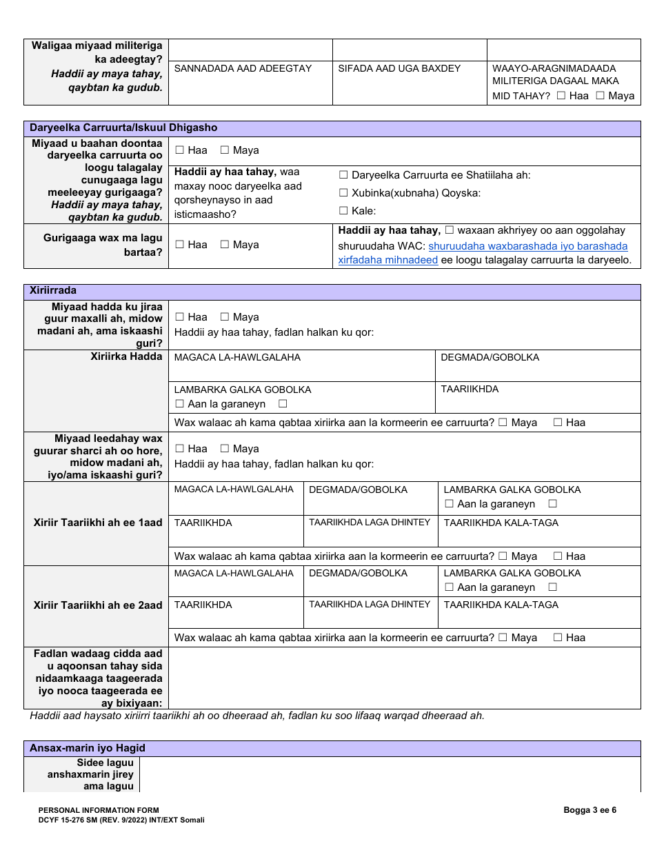 DCYF Form 15-276 Personal Information Form - Washington (Somali), Page 3