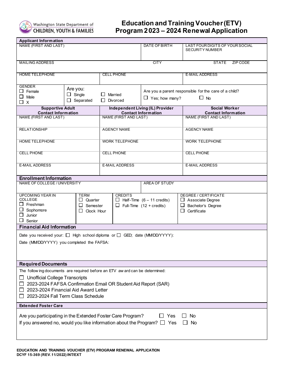 DCYF Form 15-369 Renewal Application - Education and Training Voucher (Etv) Program - Washington, Page 1