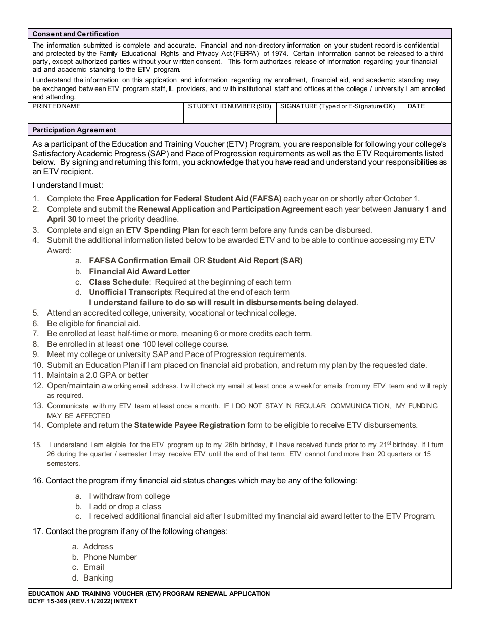 DCYF Form 15-369 Renewal Application - Education and Training Voucher (Etv) Program - Washington, Page 2