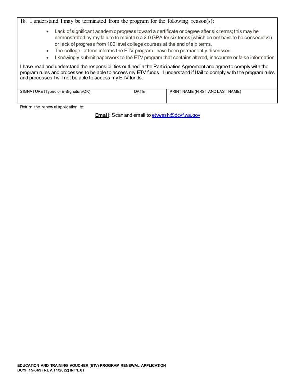 DCYF Form 15-369 Renewal Application - Education and Training Voucher (Etv) Program - Washington, Page 3