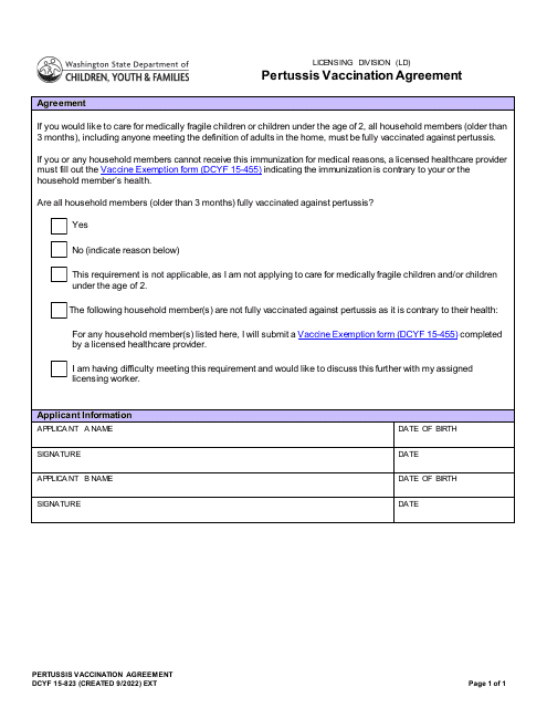 DCYF Form 15-823 Pertussis Vaccination Agreement - Washington