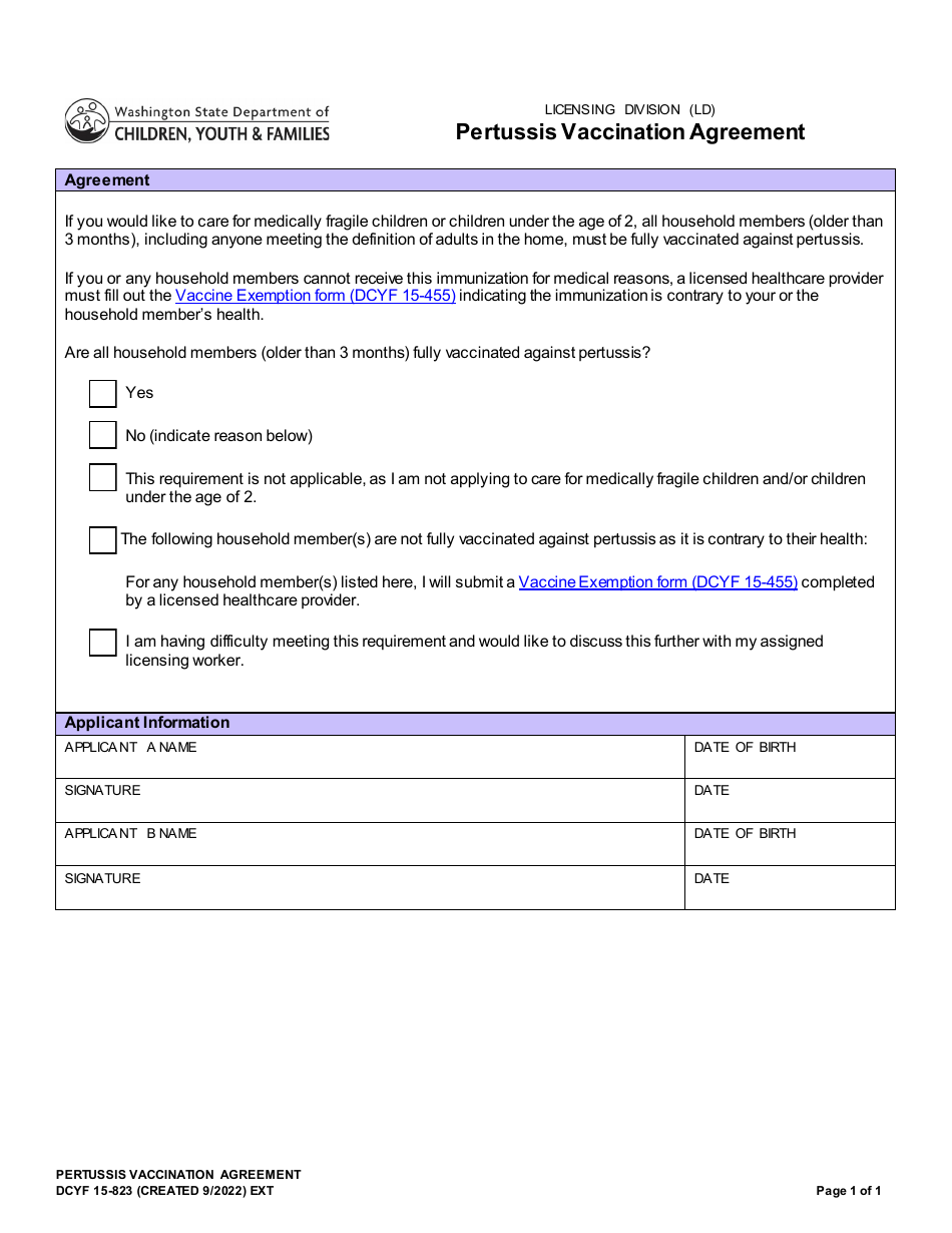 DCYF Form 15-823 Pertussis Vaccination Agreement - Washington, Page 1
