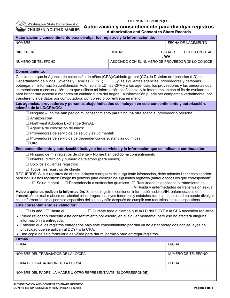 DCYF Formulario 15-824 Autorizacion Y Consentimiento Para Divulgar Registros - Washington (Spanish), Page 1