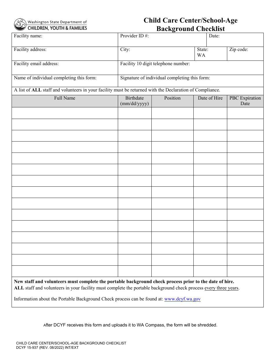 DCYF Form 15-937 Child Care Center / School-Age Background Checklist - Washington, Page 1