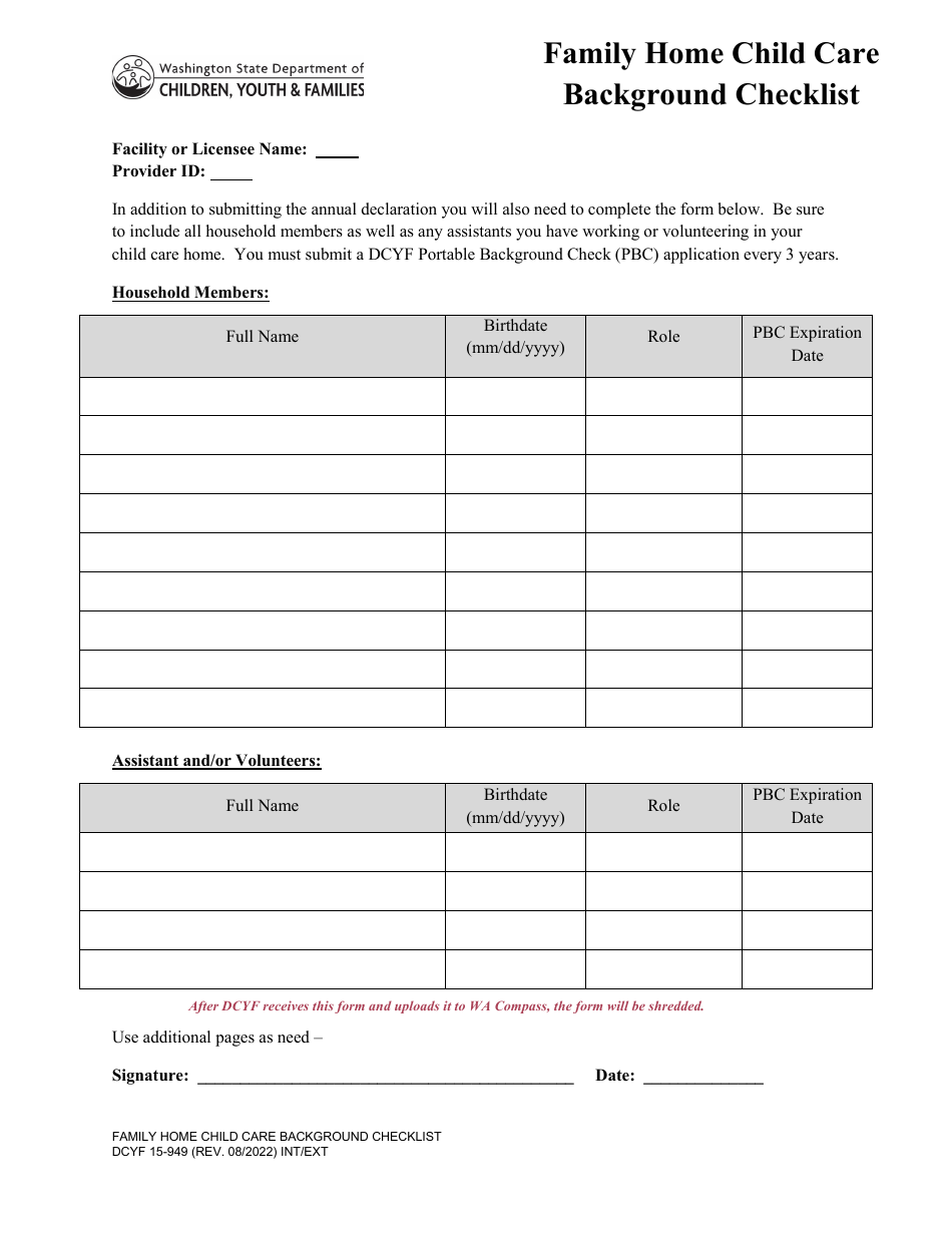 DCYF Form 15-949 Family Home Child Care Background Checklist - Washington, Page 1
