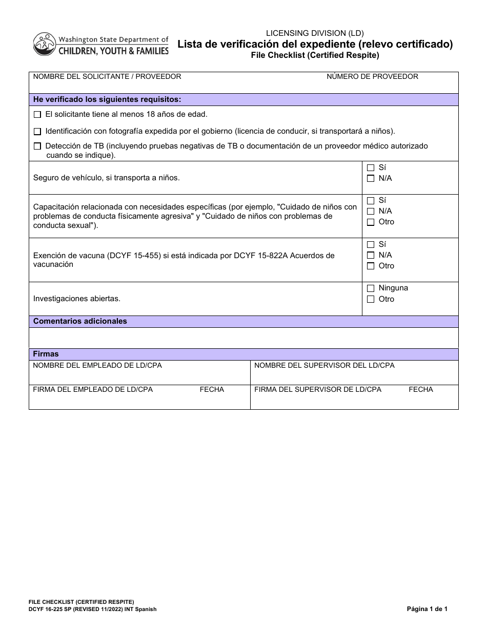 DCYF Formulario 16-225 Lista De Verificacion Del Expediente (Relevo Certificado) - Washington (Spanish), Page 1