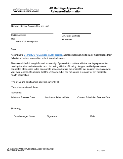 DCYF Form 20-016 Jr Marriage Approval for Release of Information - Washington