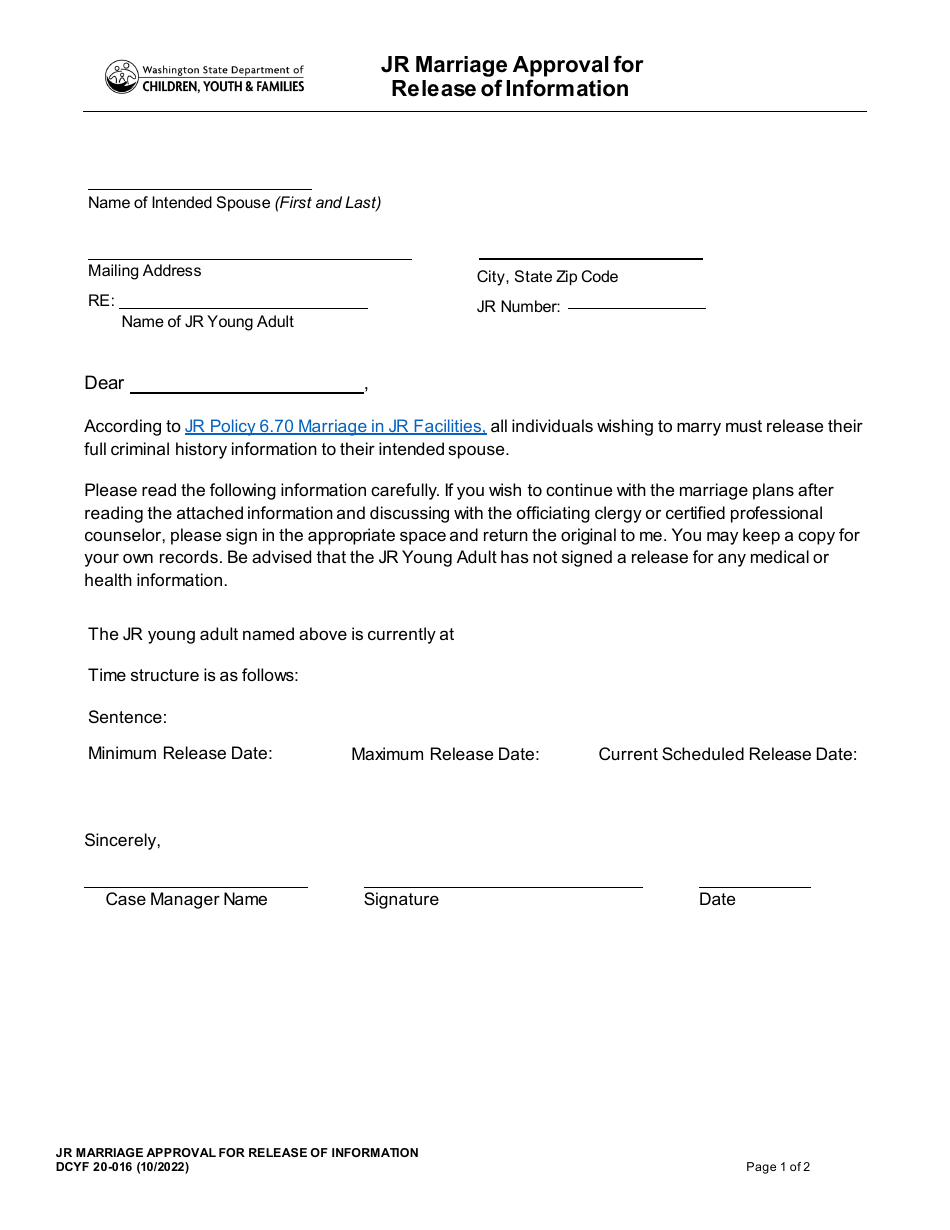 DCYF Form 20-016 Jr Marriage Approval for Release of Information - Washington, Page 1