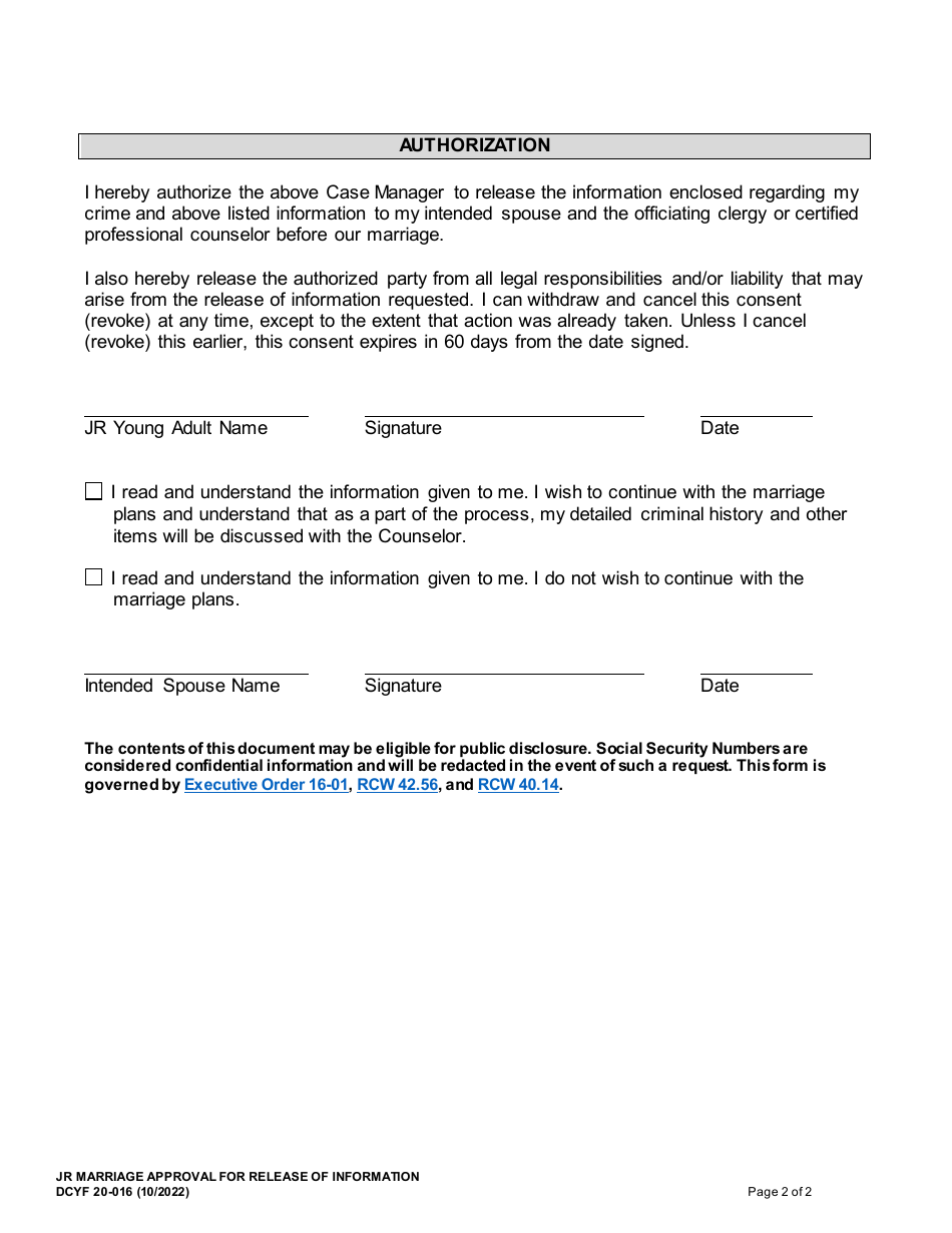 DCYF Form 20-016 Jr Marriage Approval for Release of Information - Washington, Page 2