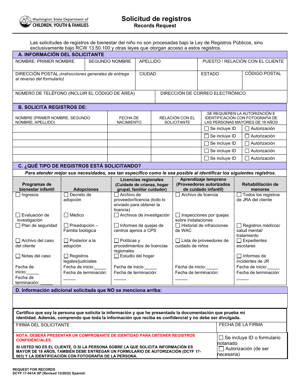 DCYF Formulario 17-041A Solicitud De Registros - Washington (Spanish), Page 1
