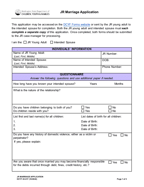 DCYF Form 20-017 Jr Marriage Application - Washington
