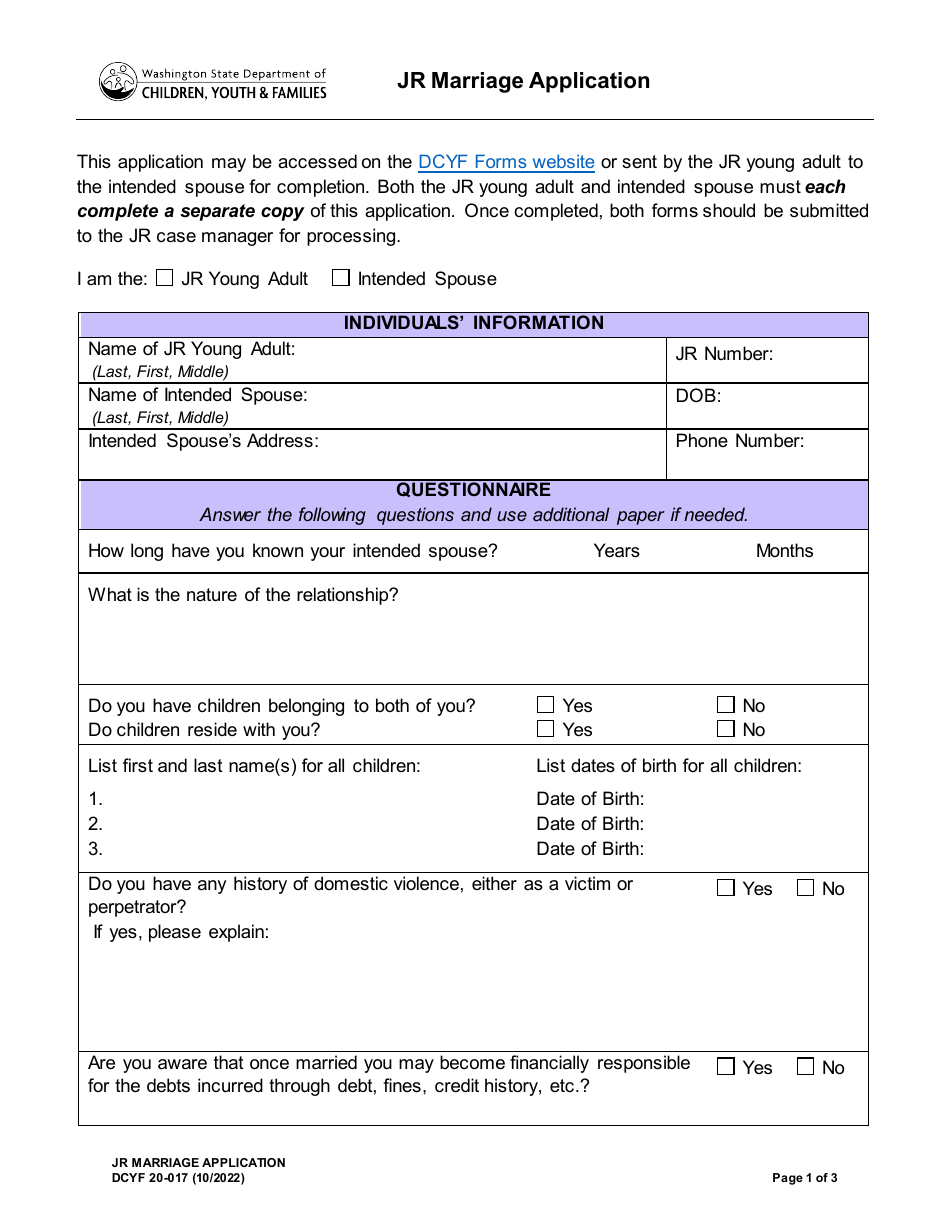 DCYF Form 20-017 Jr Marriage Application - Washington, Page 1