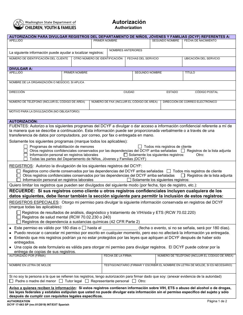 DCYF Formulario 17-063 Autorizacion - Washington (Spanish), Page 1