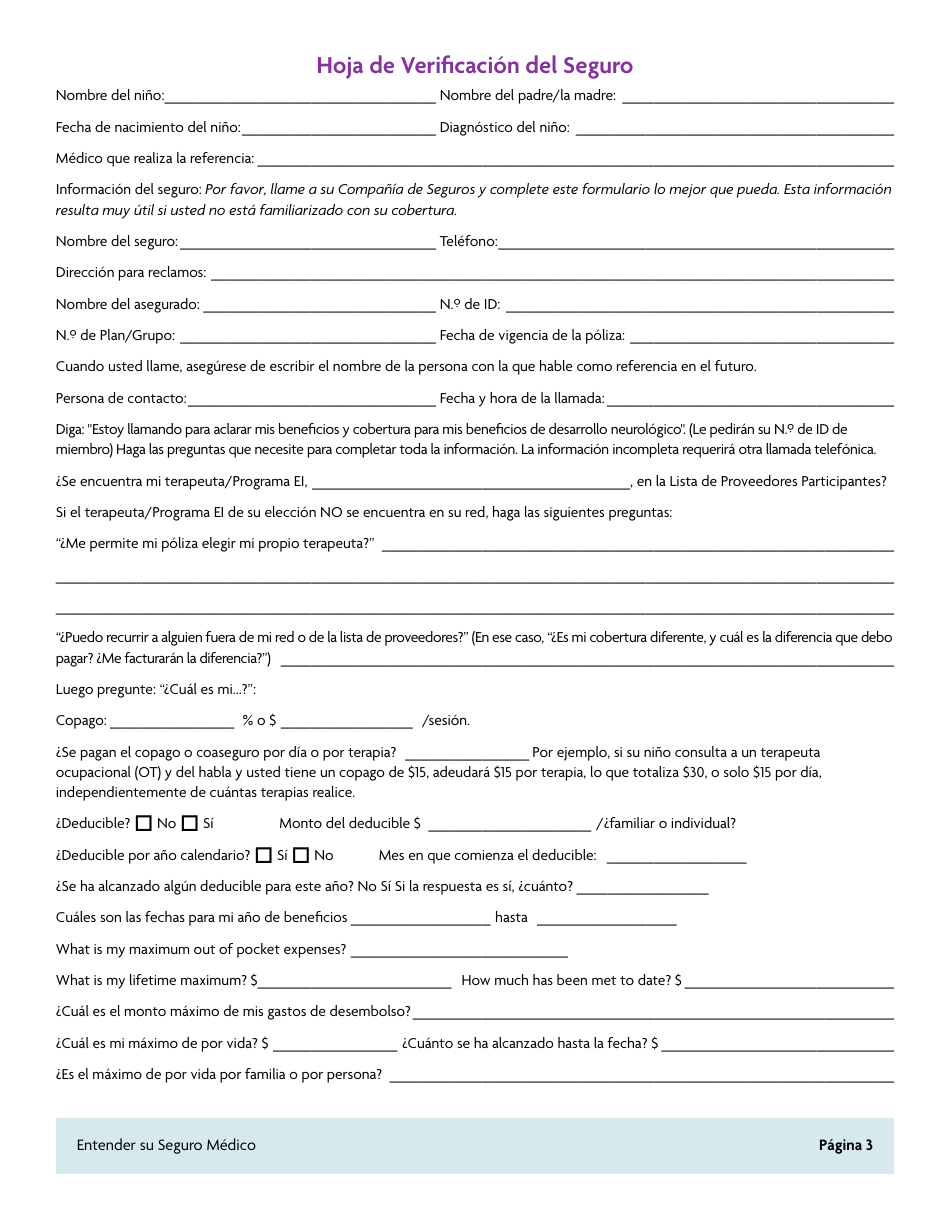 DCYF Formulario FS_0034 Hoja De Verificacion Del Seguro - Washington (Spanish), Page 3