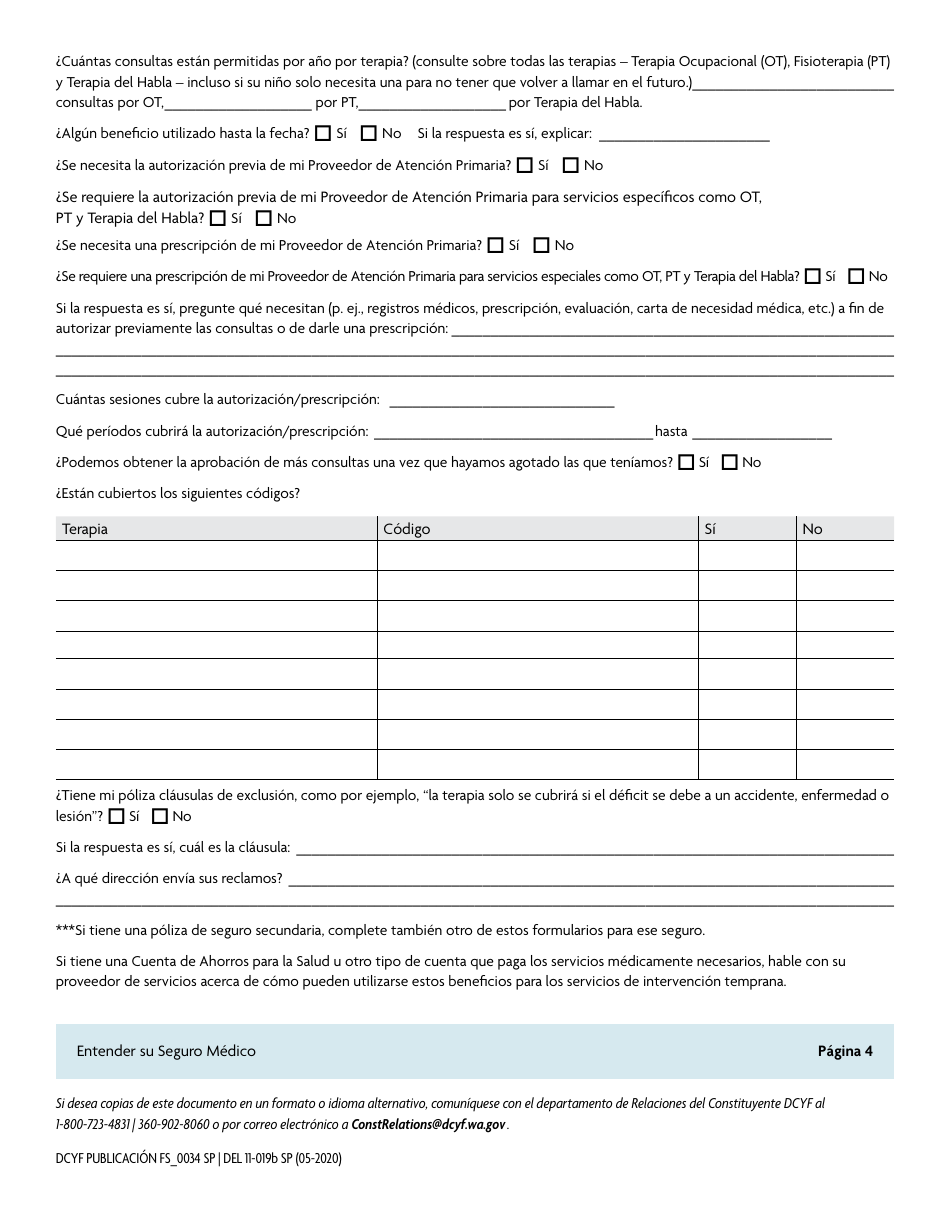 DCYF Formulario FS_0034 Hoja De Verificacion Del Seguro - Washington (Spanish), Page 4
