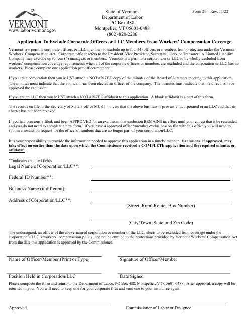 DOL Form 29 Application to Exclude Corporate Officers or LLC Members From Workers' Compensation Coverage - Vermont
