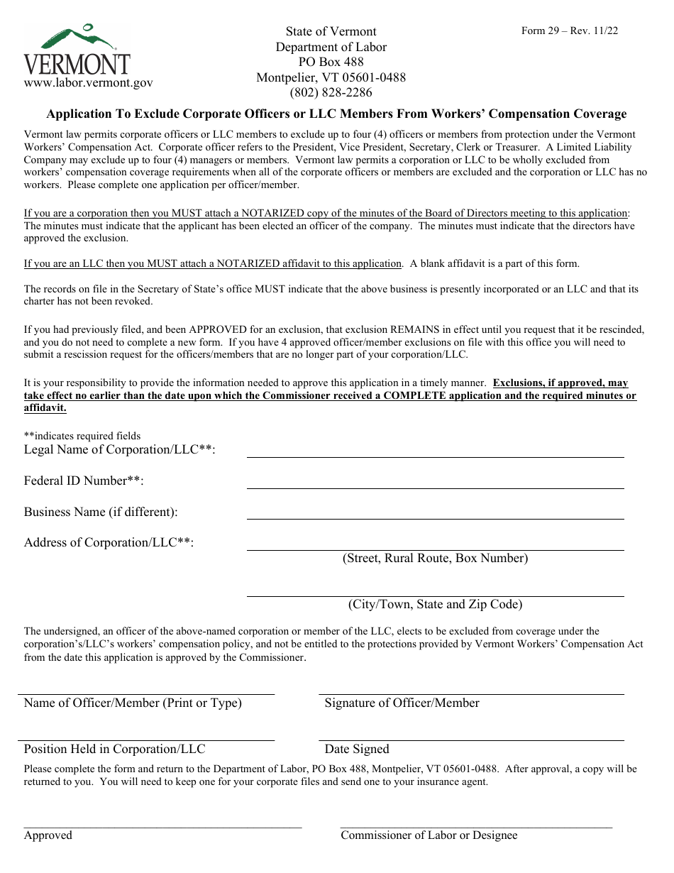 DOL Form 29 Application to Exclude Corporate Officers or LLC Members From Workers Compensation Coverage - Vermont, Page 1