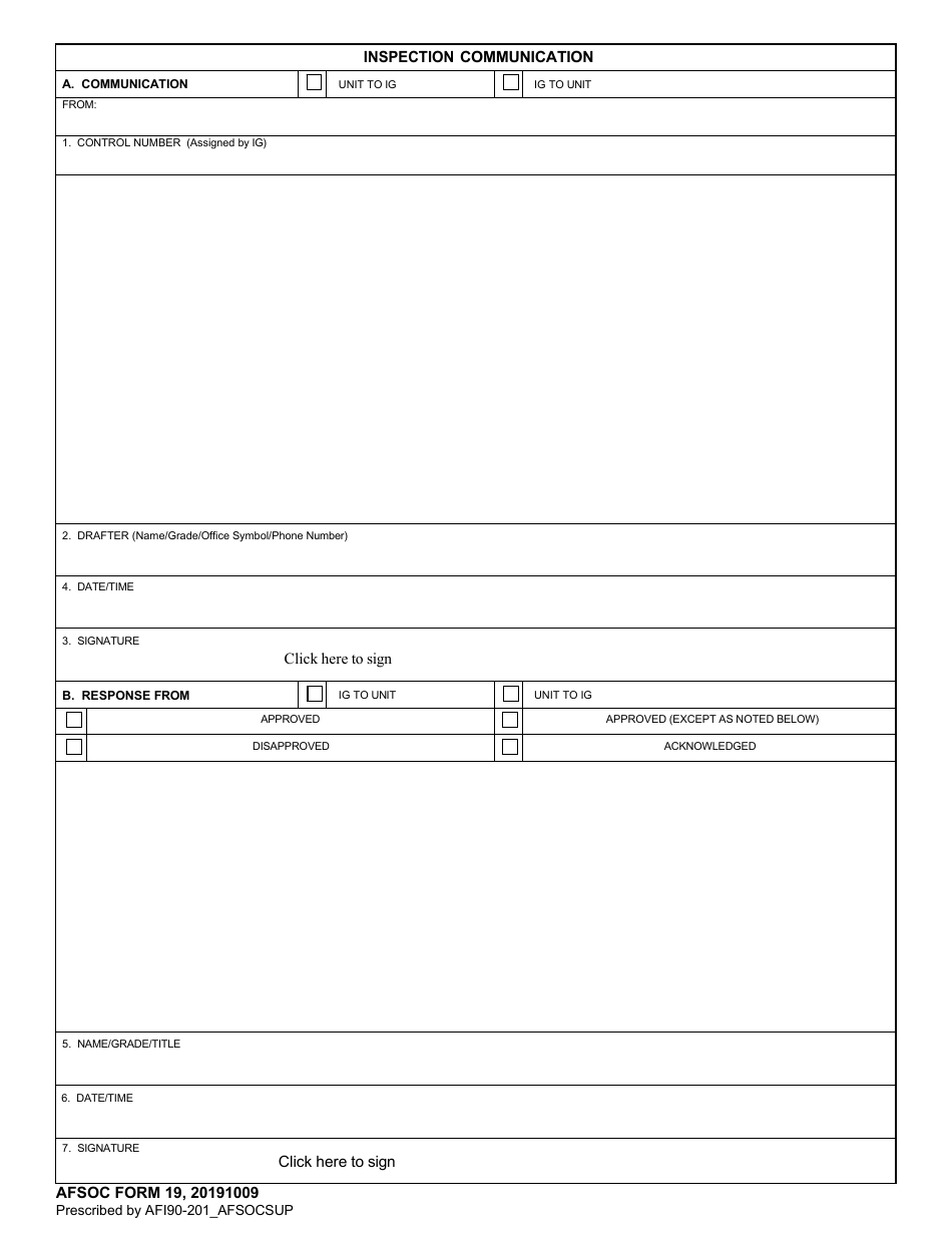 AFSOC Form 19 Inspection Communication, Page 1