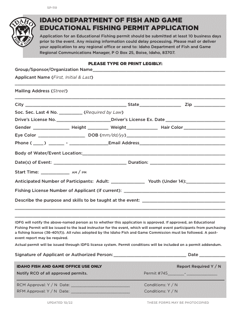 Form SP-119 Educational Fishing Permit Application - Idaho