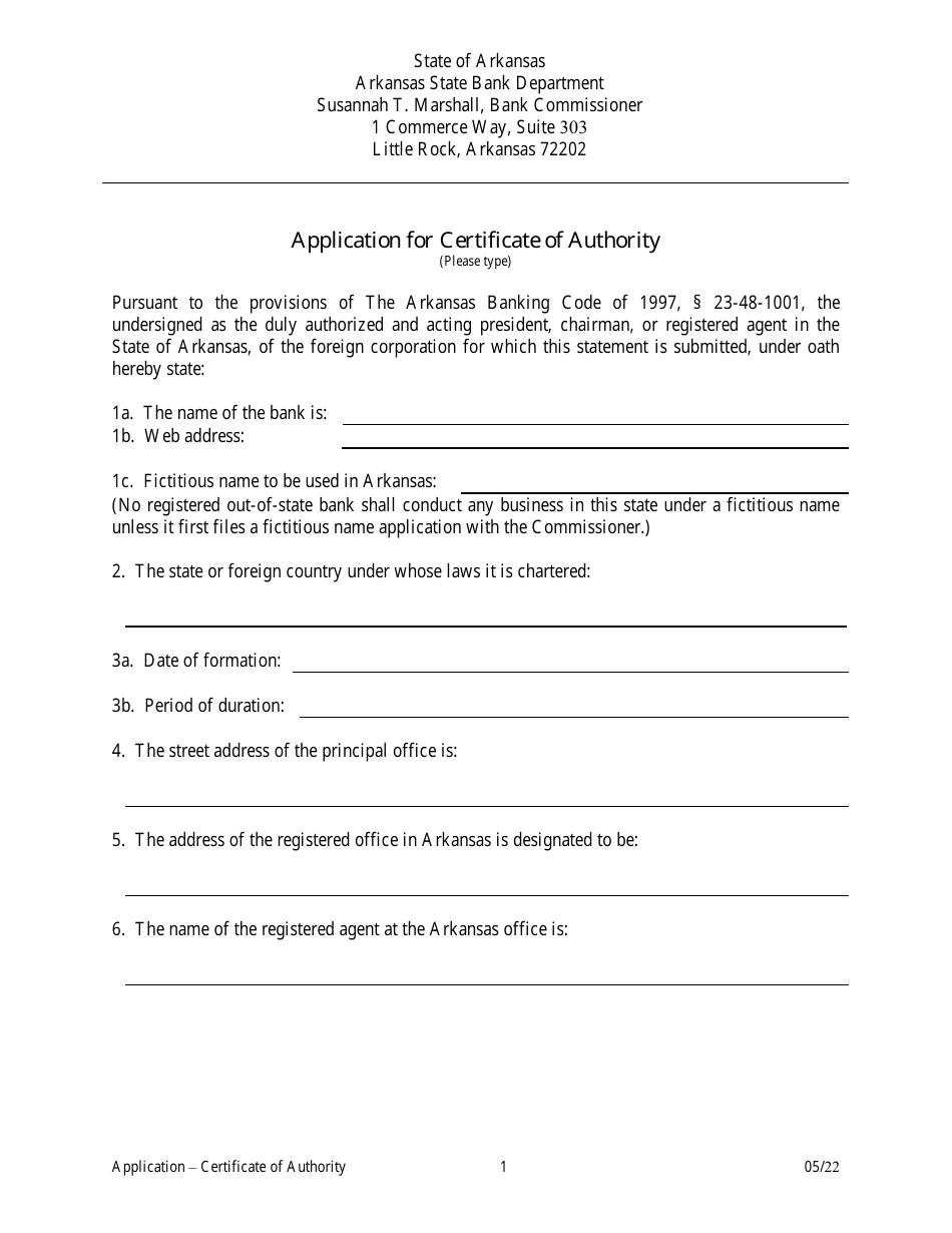 Arkansas Application for Certificate of Authority Download Printable ...