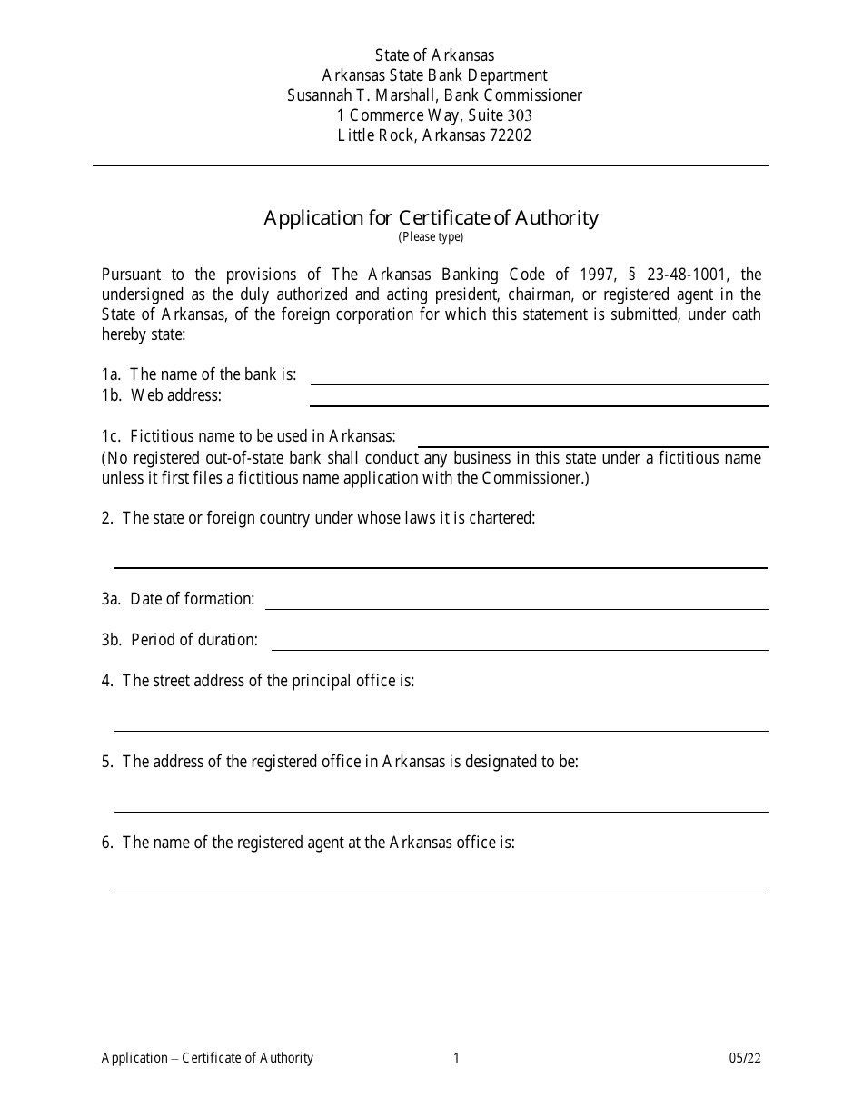 Application for Certificate of Authority - Arkansas, Page 1