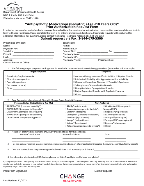 Antipsychotic Medications (Pediatric) (Age 18 Years Old) Prior Authorization Request Form - Vermont