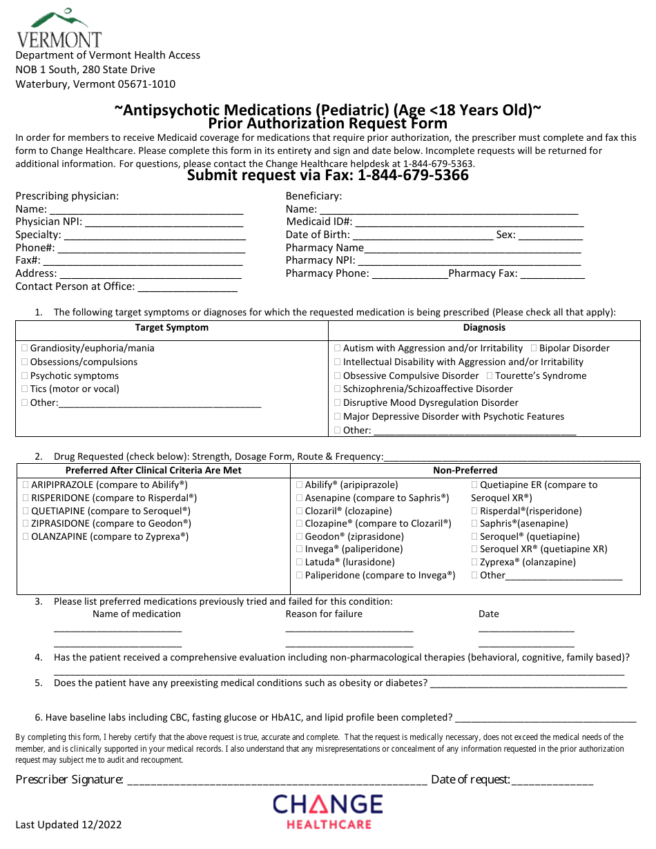 Antipsychotic Medications (Pediatric) (Age 18 Years Old) Prior Authorization Request Form - Vermont, Page 1