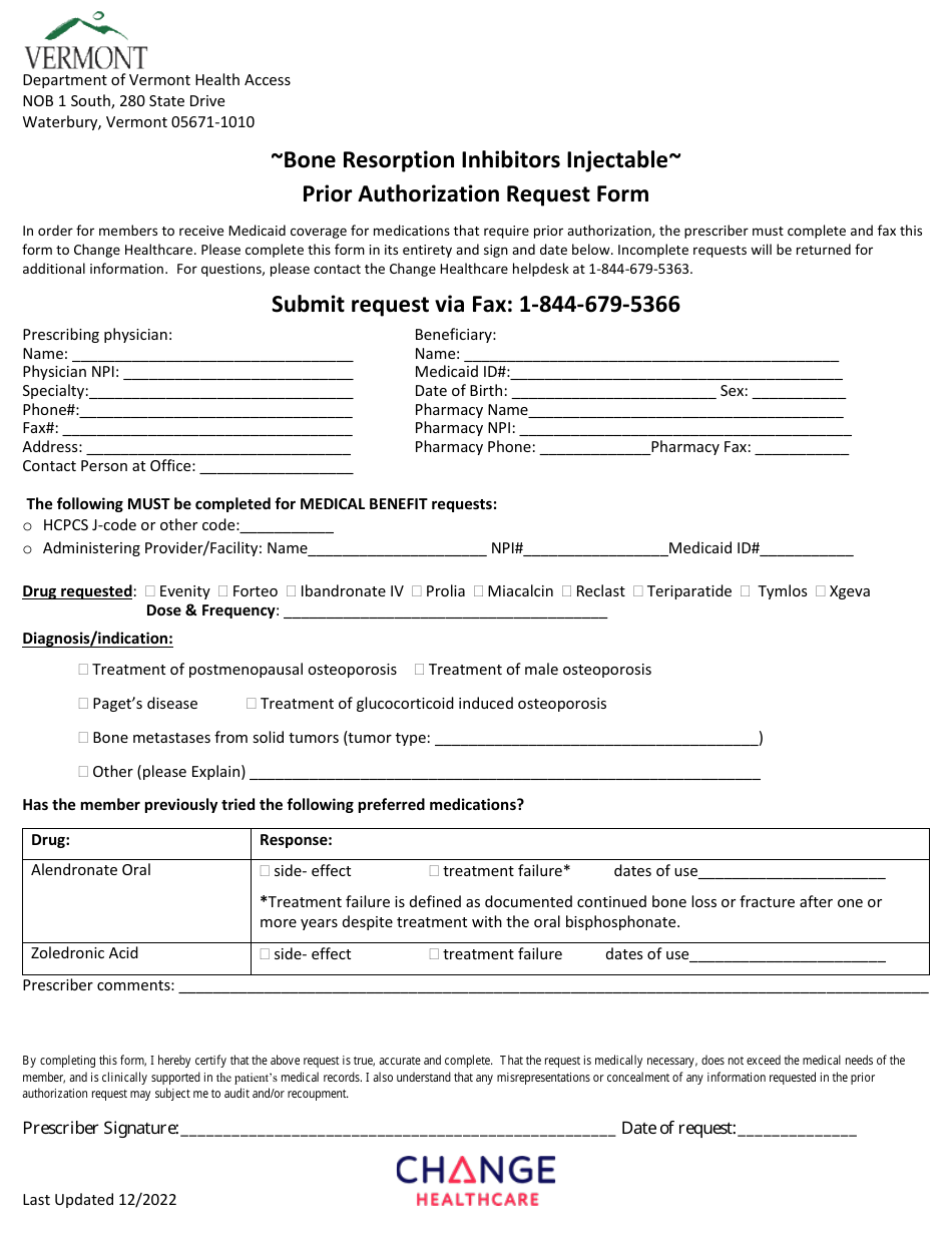 Bone Resorption Inhibitors Injectable Prior Authorization Request Form - Vermont, Page 1