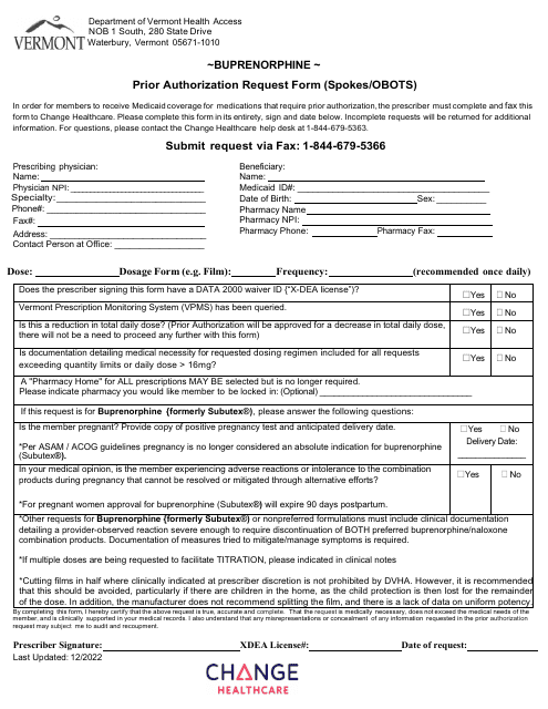 Buprenorphine Prior Authorization Request Form (Spokes / Obots) - Vermont Download Pdf