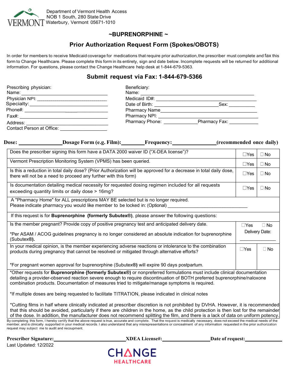 Buprenorphine Prior Authorization Request Form (Spokes / Obots) - Vermont, Page 1