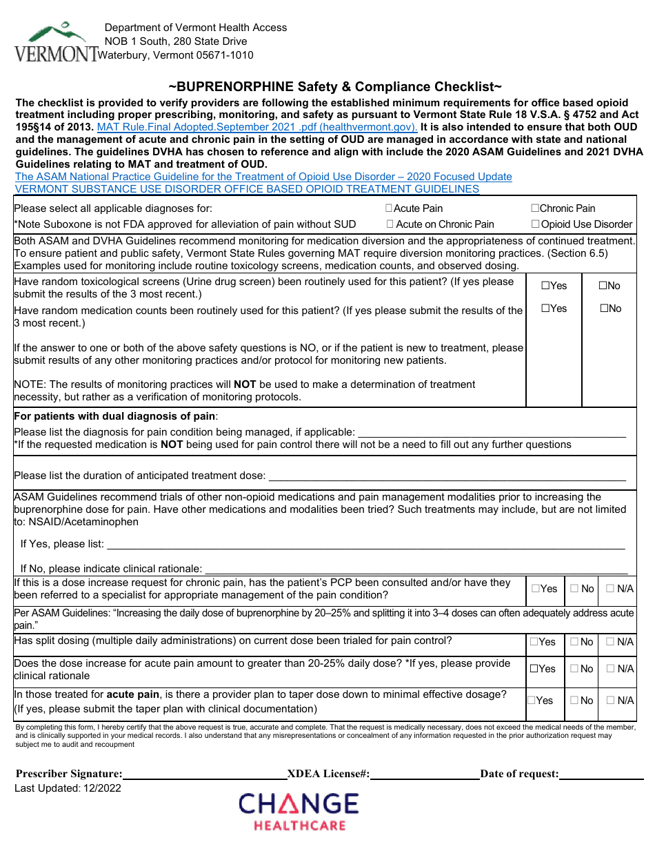 Buprenorphine Prior Authorization Request Form (Spokes / Obots) - Vermont, Page 2