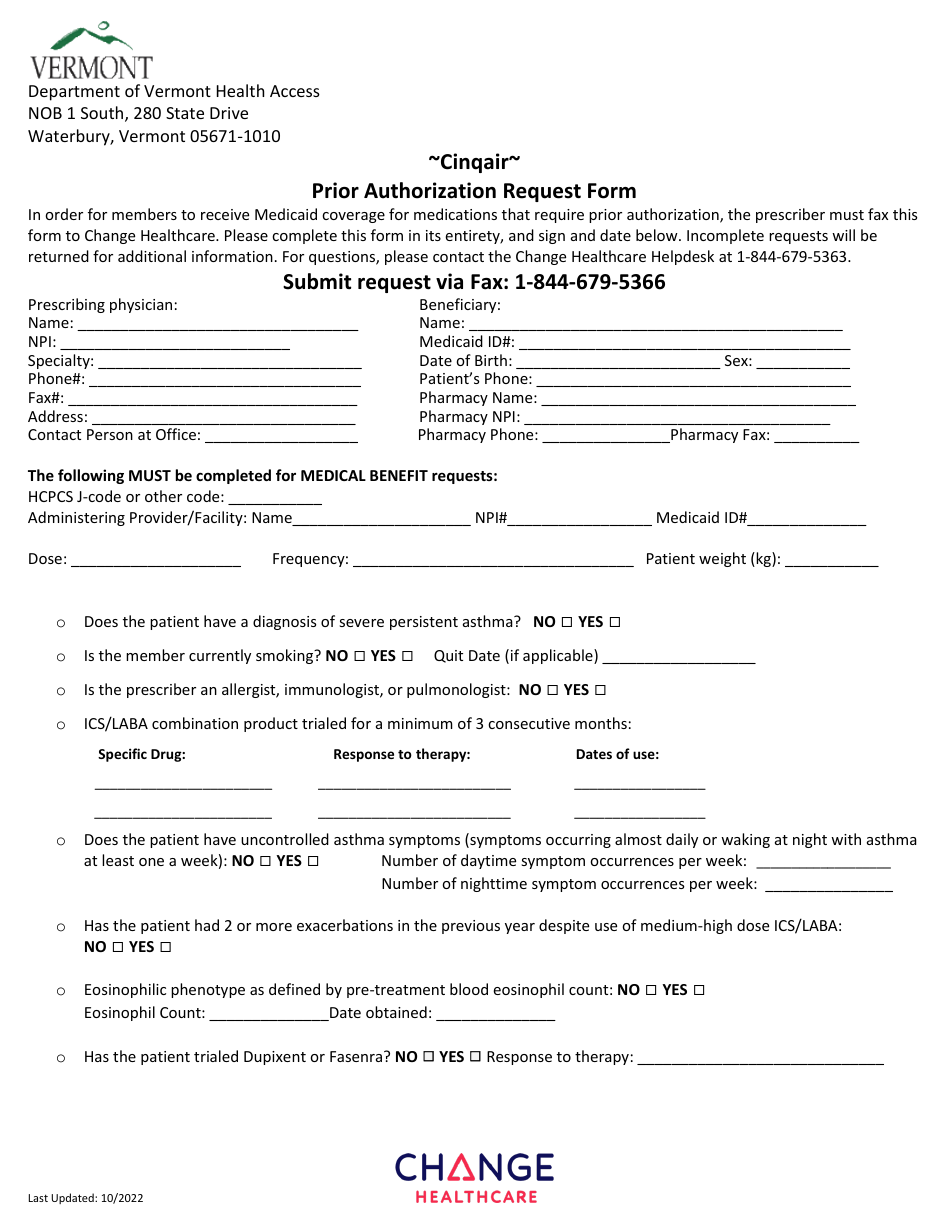 Cinqair Prior Authorization Request Form - Vermont, Page 1