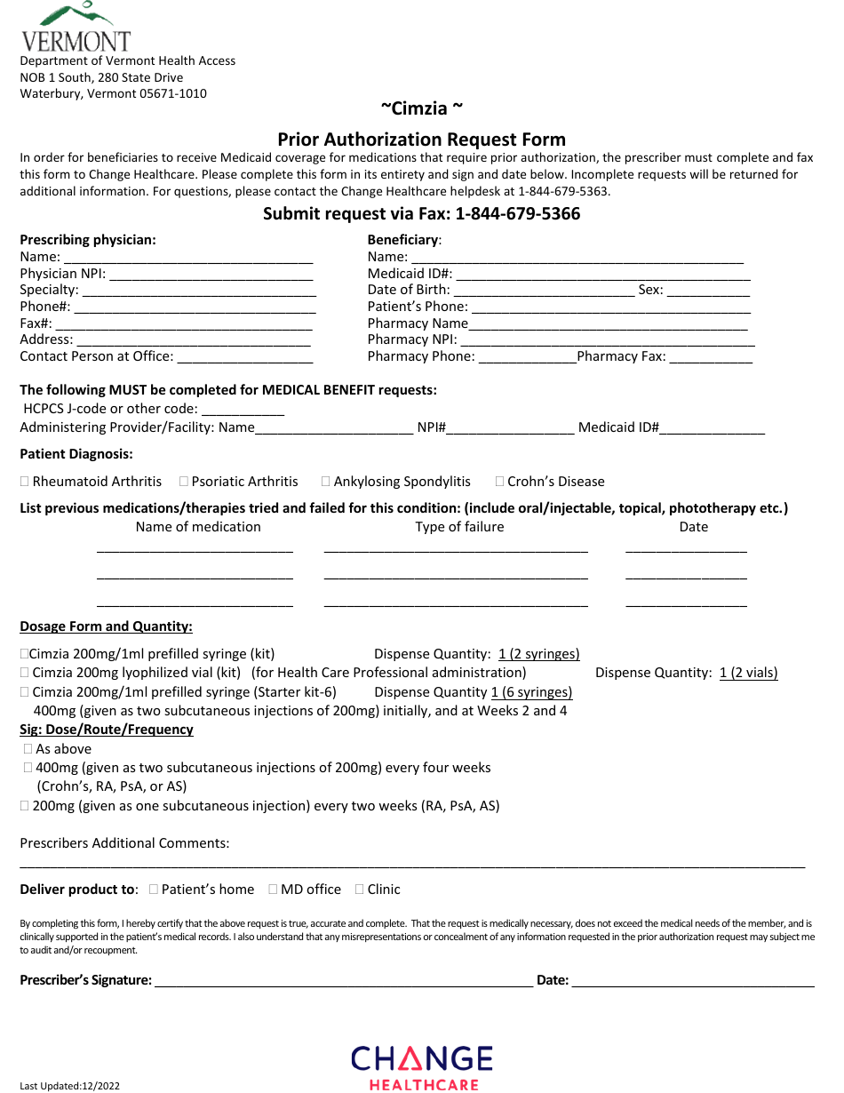 Cimzia Prior Authorization Request Form - Vermont, Page 1