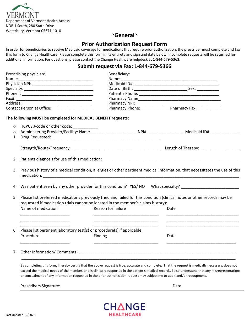 General Prior Authorization Request Form - Vermont, Page 1
