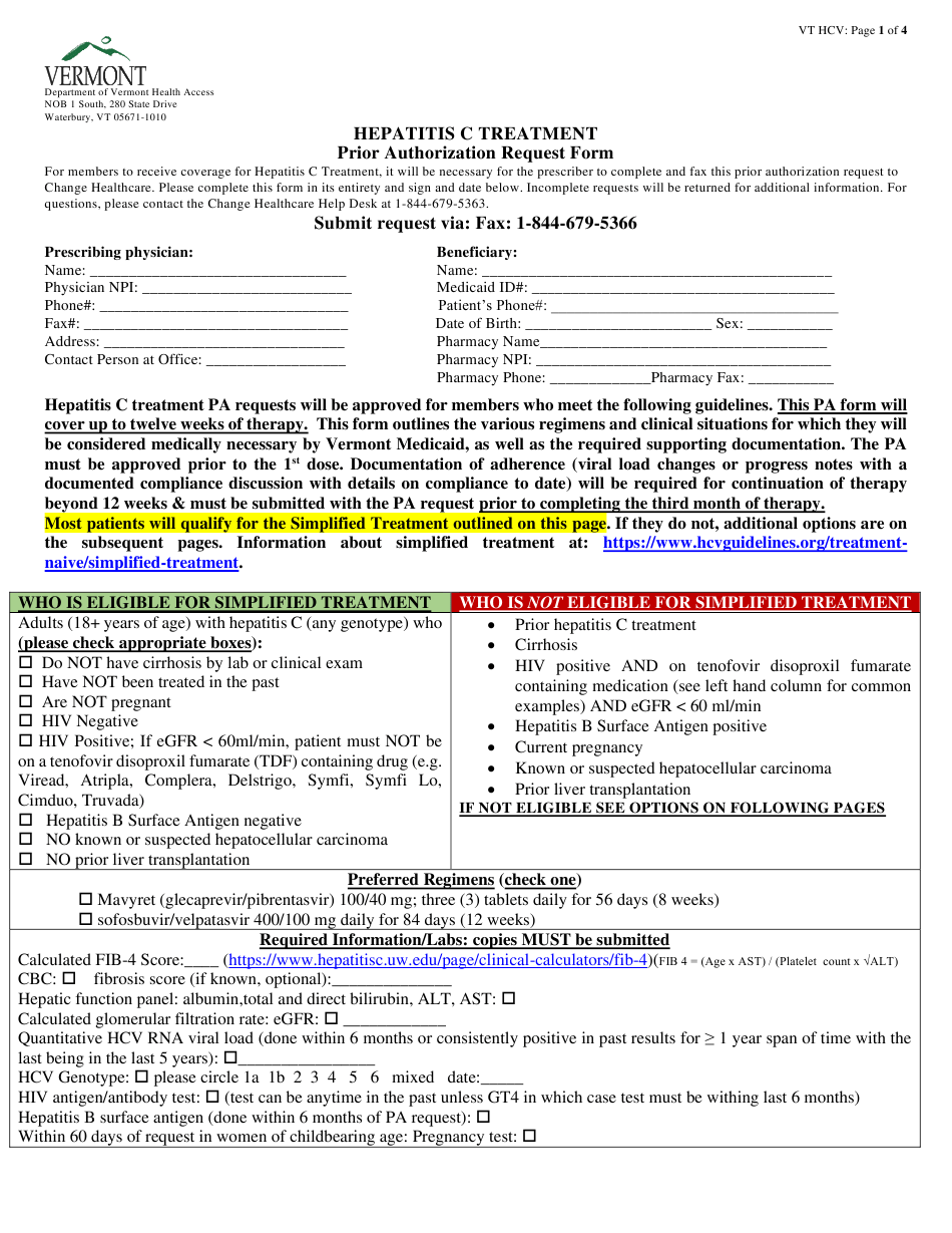 Vermont Hepatitis C Treatment Prior Authorization Request Form Download Printable Pdf 1140