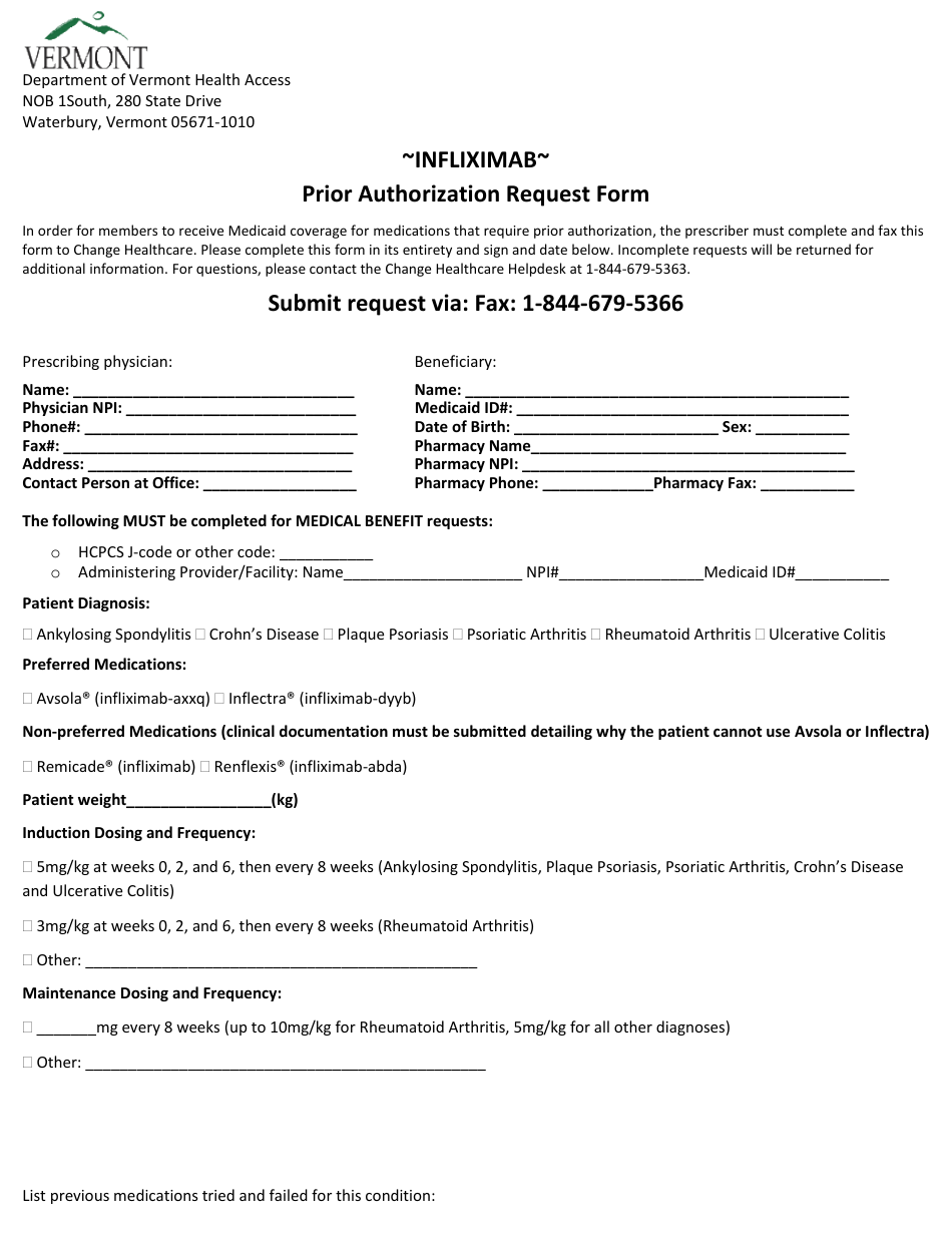 Infliximab Prior Authorization Request Form - Vermont, Page 1