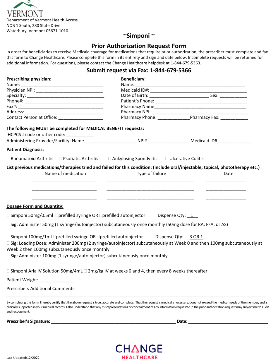 Simponi Prior Authorization Request Form - Vermont, Page 1